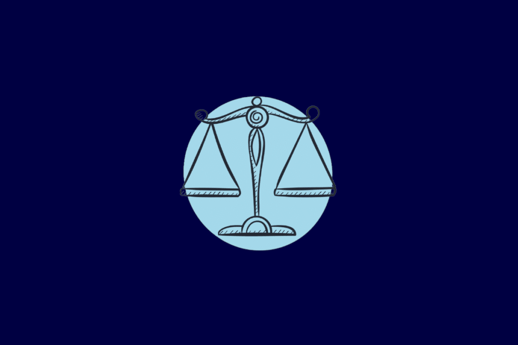 Ilustração no estilo linha preta de uma balança de dois pratos equilibrada, centralizada em um círculo azul-claro sobre fundo azul-escuro.