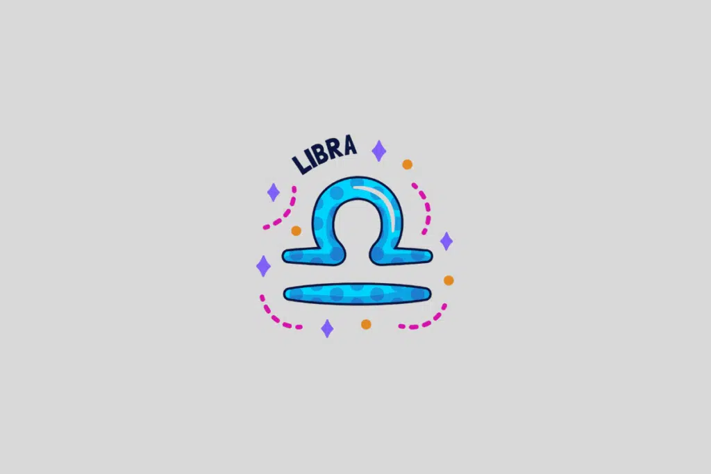 Símbolo astrológico de Libra, na cor azul com bolinhas, cercado por pequenas estrelas roxas e pontos cor-de-rosa. A palavra "LIBRA" está escrita acima em preto. O fundo da imagem é um cinza claro.