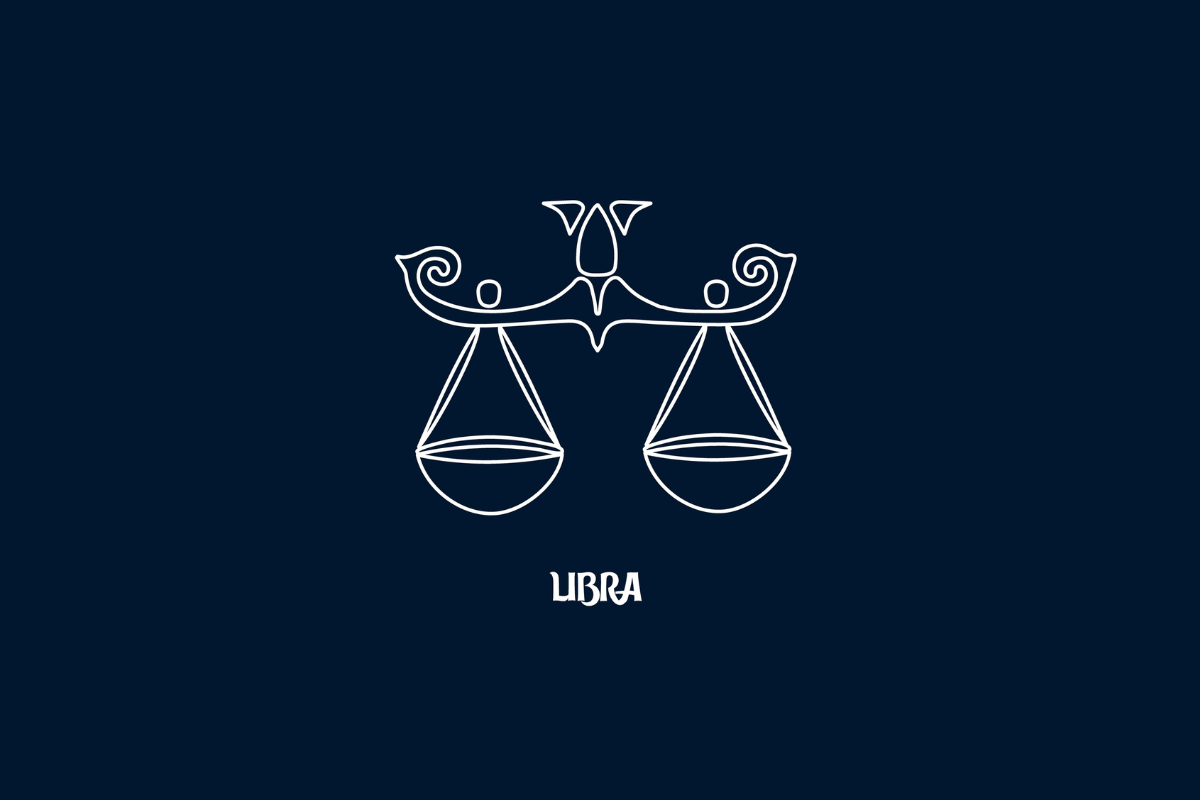 Uma ilustração branca de linha única do signo de Libra em um fundo azul escuro, com o texto "LIBRA" abaixo.