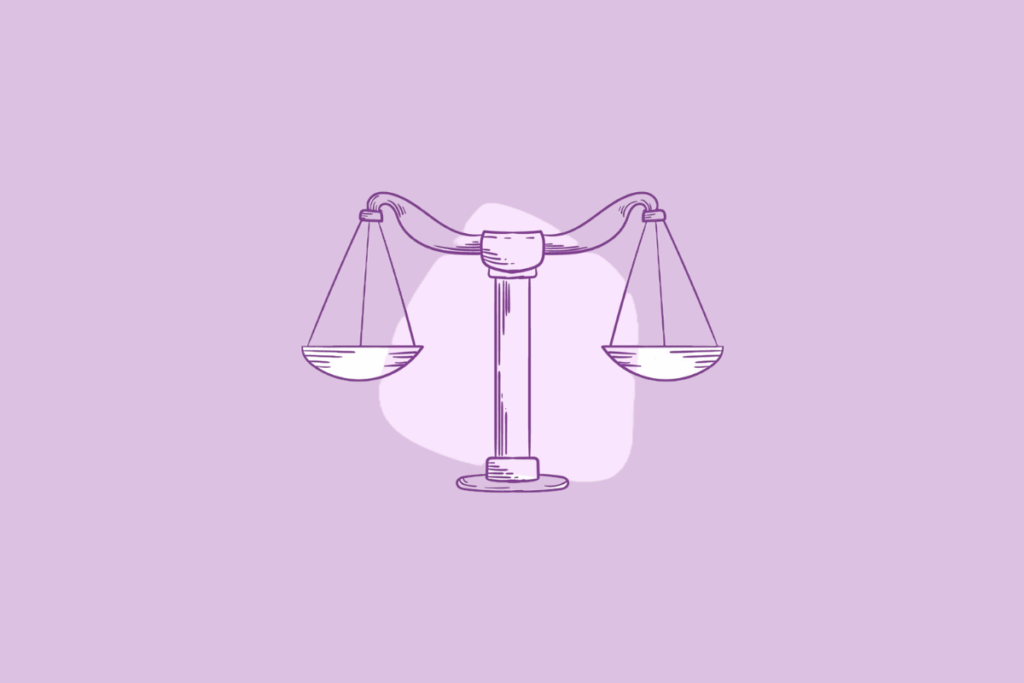 Uma ilustração em linha roxa de uma balança de dois pratos equilibrada, representando o signo de Libra.