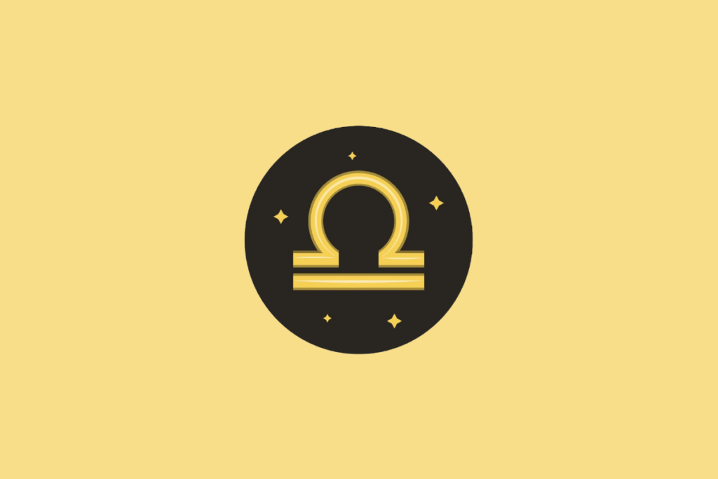 Símbolo do signo de Libra em um círculo preto sobre fundo amarelo.