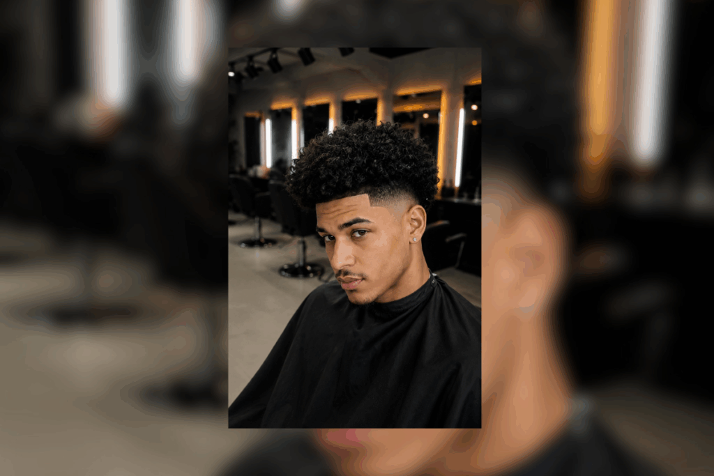 Homem com cabelo afro  grande e com degrade nas laterais em uma barbearia 