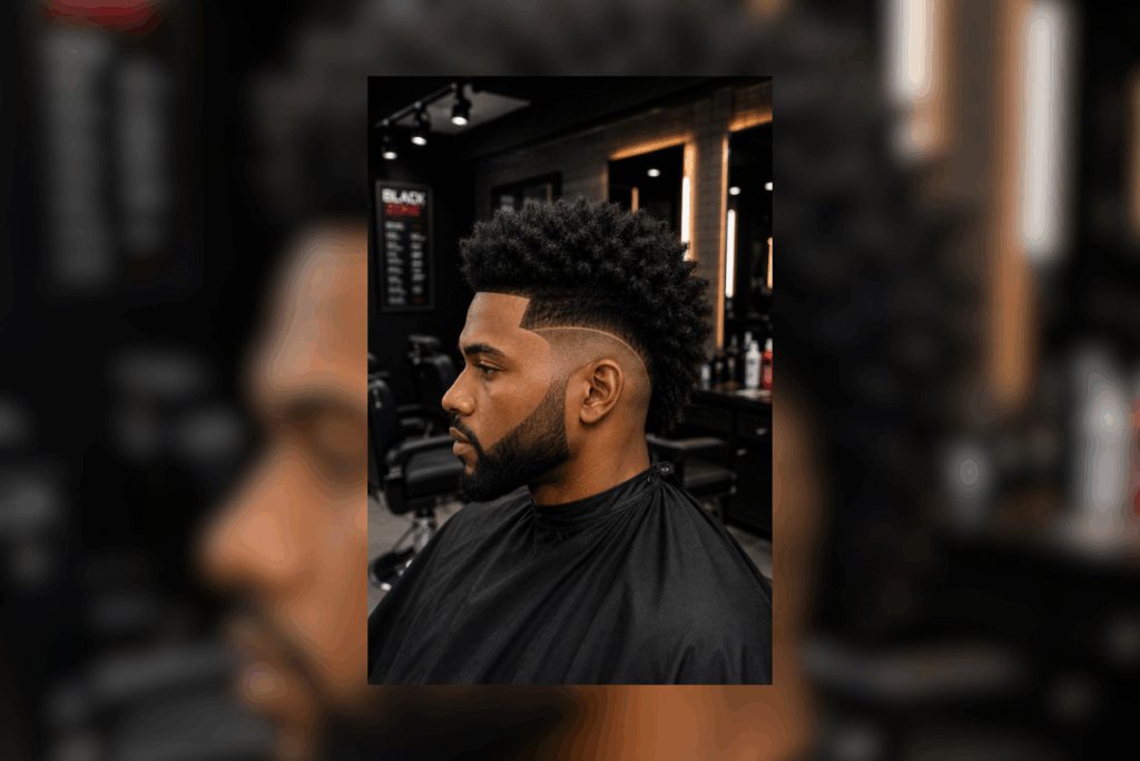 Homem com cabelo afro grande com dread no topo, degradê e linha nas laterais, no estilo Moicano Nudred, sentado em uma barbearia 