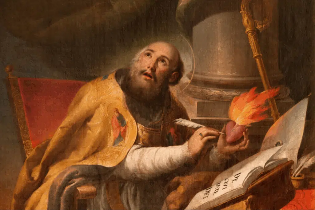 Pintura de Santo Agostinho segurando uma pena junto a um coração com chamas