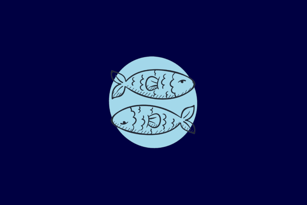 Ilustração no estilo linha preta de dois peixes nadando em direções opostas, centralizada em um círculo azul-claro sobre fundo azul-escuro.