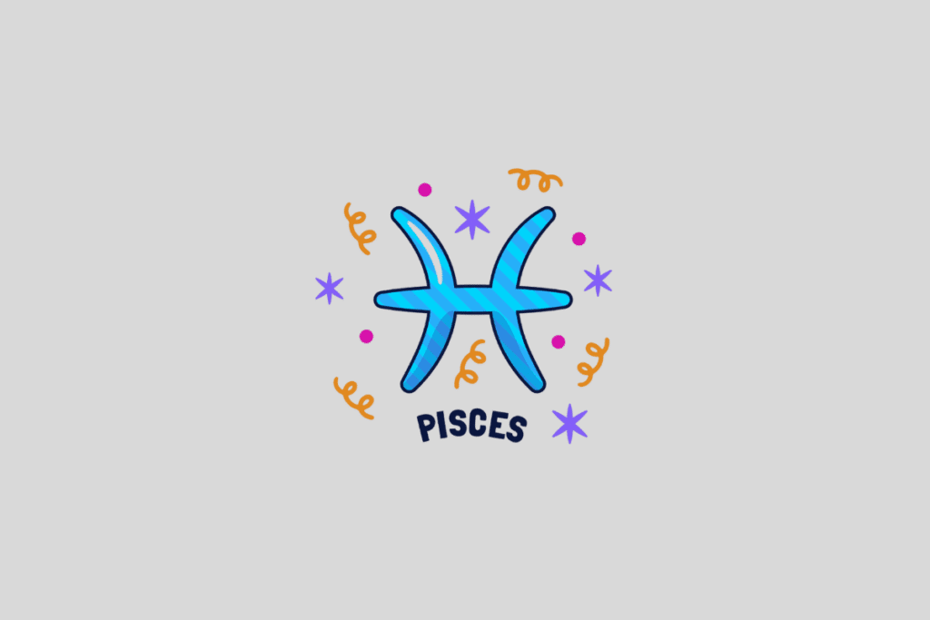 Símbolo astrológico de Peixes, na cor azul com bolinhas e listras horizontais azuis claras, cercado por estrelas roxas e ondas amarelas. A palavra "PISCES" está escrita abaixo em preto. O fundo da imagem é um cinza claro.