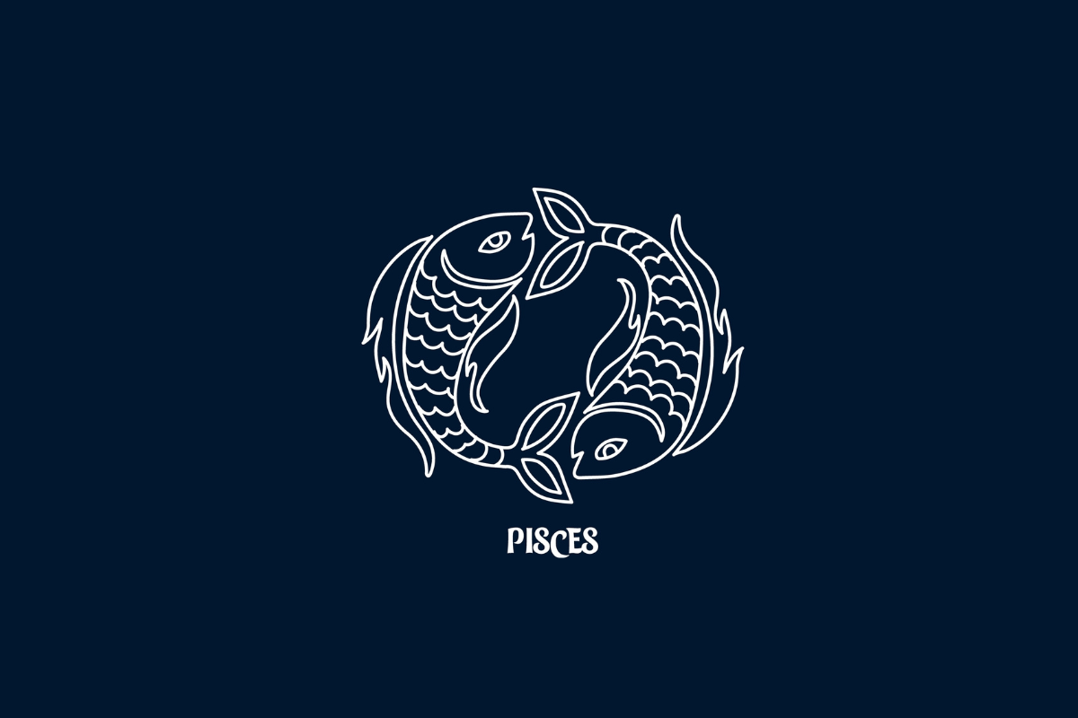 Uma ilustração branca de linha única do signo de Peixes em um fundo azul escuro, com o texto "PISCES" abaixo.