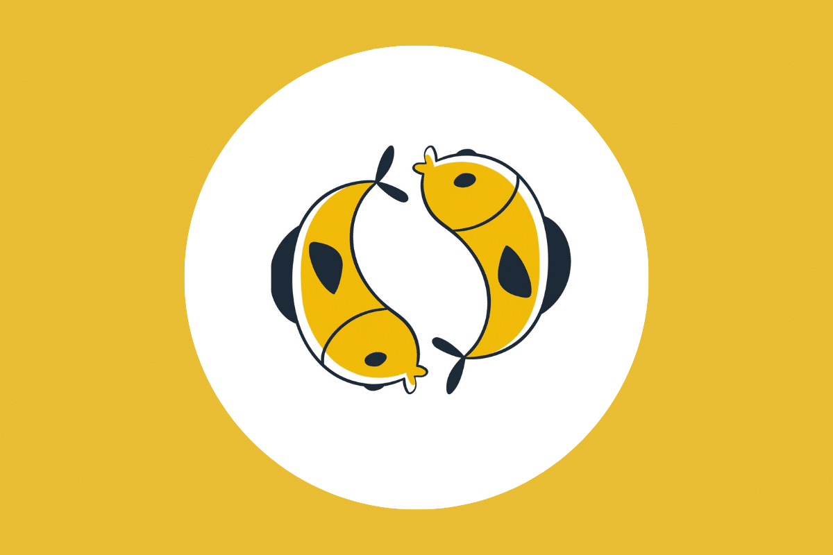 Ilustração minimalista de dois peixes amarelos nadando em direções opostas em formato de "S", dentro de um círculo branco sobre um fundo dourado.