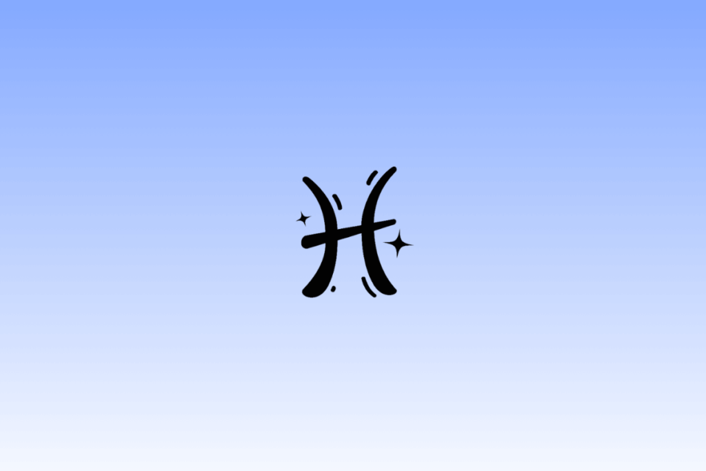Ícone preto do símbolo do signo de Peixes, formado por duas linhas curvas verticais conectadas por um traço horizontal, centralizado em um fundo com gradiente azul e cercado por pequenas estrelas.
