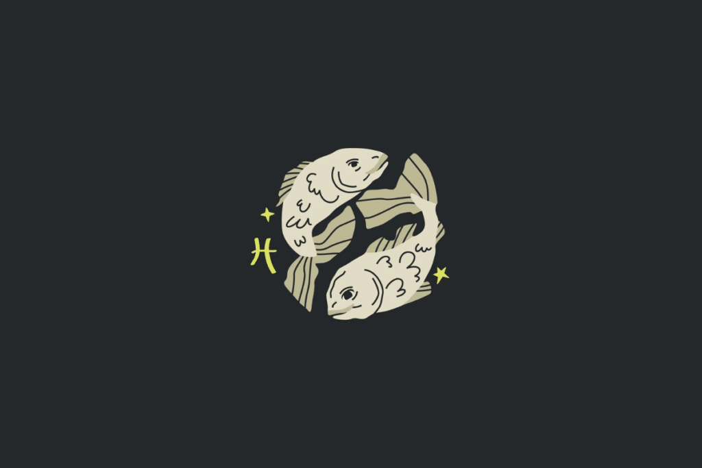 Ilustração minimalista em tom bege sobre fundo cinza-escuro representando o signo de Peixes, com dois peixes nadando em círculo, o símbolo em forma de "H" em amarelo e pequenas estrelas.