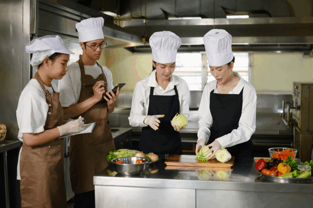 Quatro cozinheiros em uma cozinha industrial usando chapéus de chef e aventais. Dois deles cortam acelga em uma bancada de inox com vegetais, enquanto os outros dois observam e fazem anotações em blocos de papel.