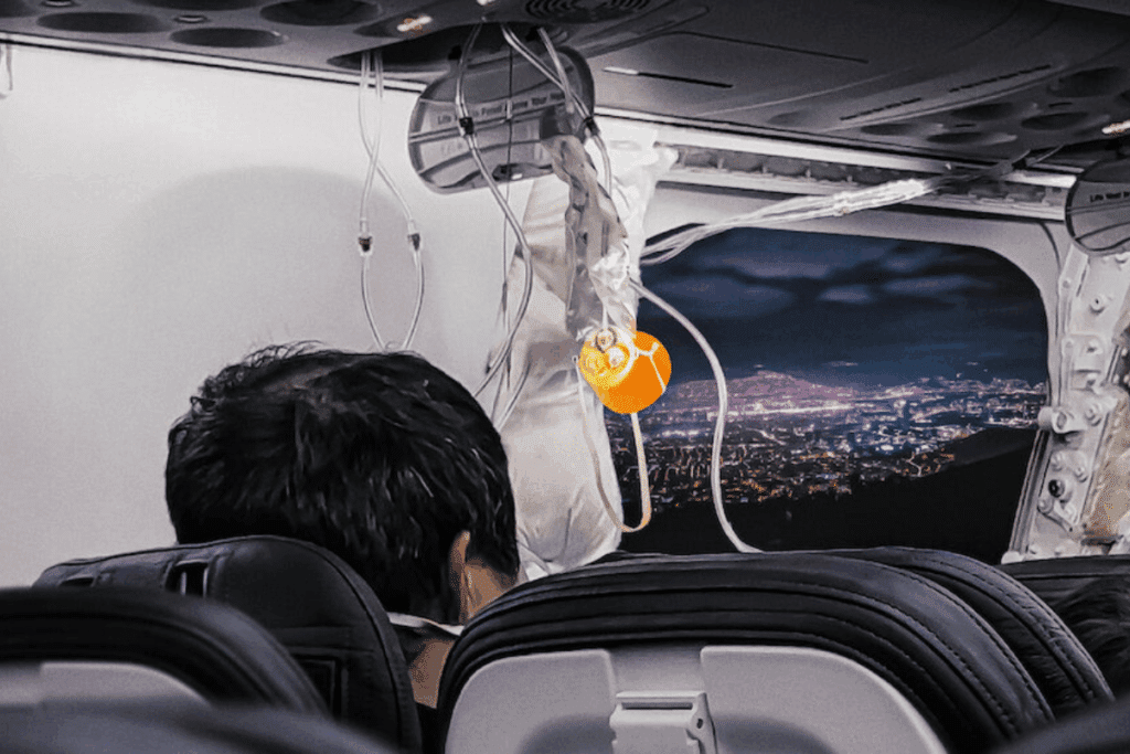 A vista de dentro da cabine de um avião, olhando para a frente. Máscaras de oxigênio pendem do teto. Através do para-brisa da cabine, uma cidade iluminada à noite é visível. Um passageiro ou membro da tripulação de costas é visível em primeiro plano.