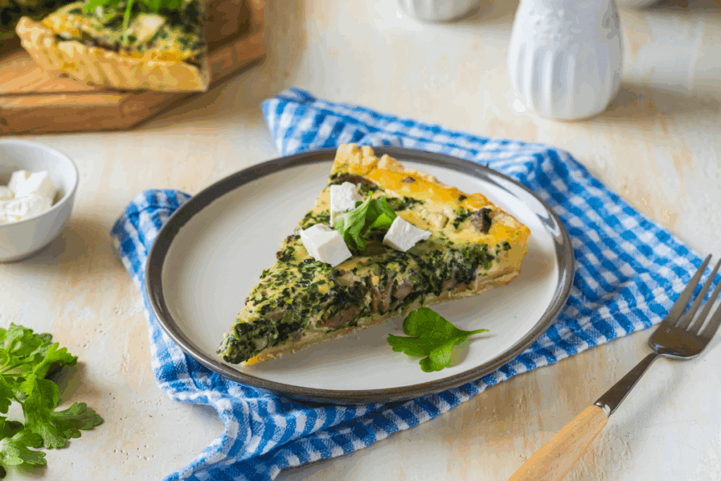 Fatia triangulada de quiche de espinafre e cogumelos coberta com cubos de queijo branco e folhas verdes, servida em um prato sobre um guardanapo xadrez azul e branco.