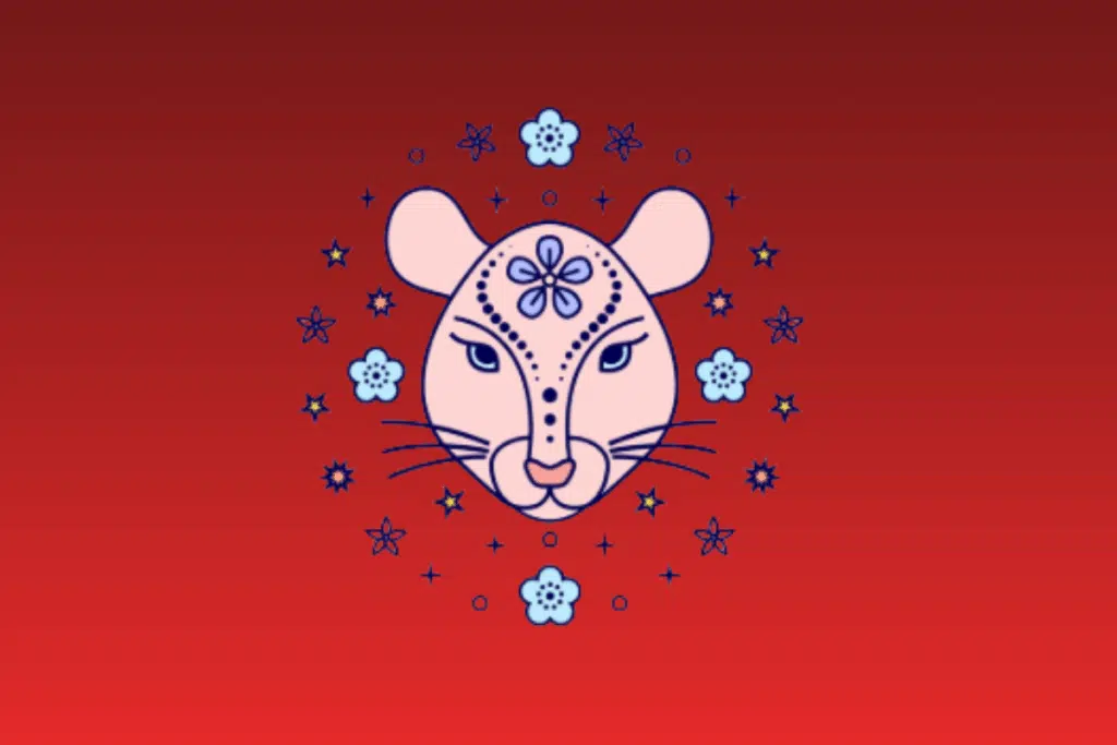 Ilustração estilizada da cabeça de um rato rosa claro com uma flor na testa e bigodes, cercado por um círculo de flores azuis e estrelas amarelas e azuis, sobre um fundo vermelho gradiente.