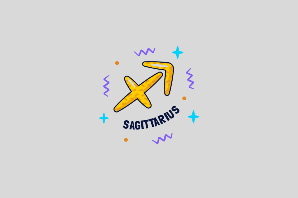 Símbolo astrológico de Sagitário, na cor amarela com textura, rodeado por estrelas ciano e ondas roxas. A palavra "SAGITTARIUS" está escrita abaixo em preto. O fundo da imagem é um cinza claro.