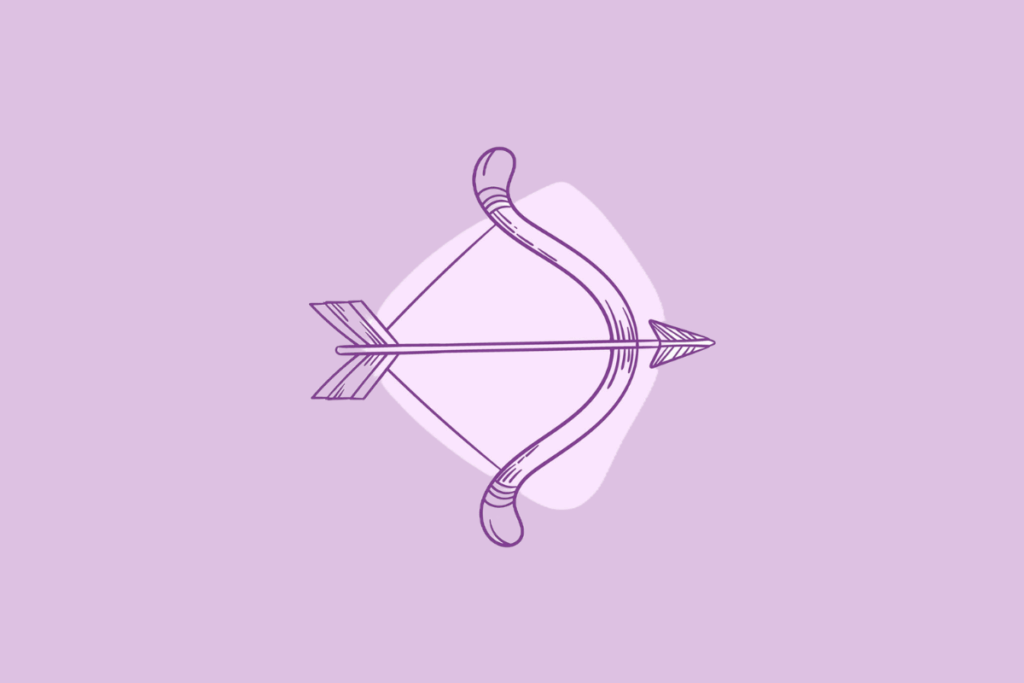 Ilustração roxa de um arco e flecha, com a flecha posicionada transversalmente no arco tensionado, representando o signo de Sagitário.