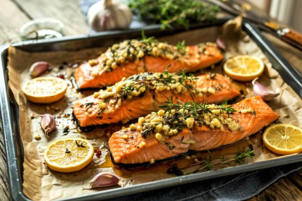 Três filés de salmão assados dispostos em uma assadeira forrada com papel-manteiga. O peixe apresenta uma coloração alaranjada vibrante e está coberto com uma crosta de ervas frescas e alho picado. Ao redor dos filés, há rodelas de limão siciliano, dentes de alho inteiros com casca e ramos de alecrim. A composição está sobre uma mesa de madeira rústica, com um dente de alho inteiro ao fundo.