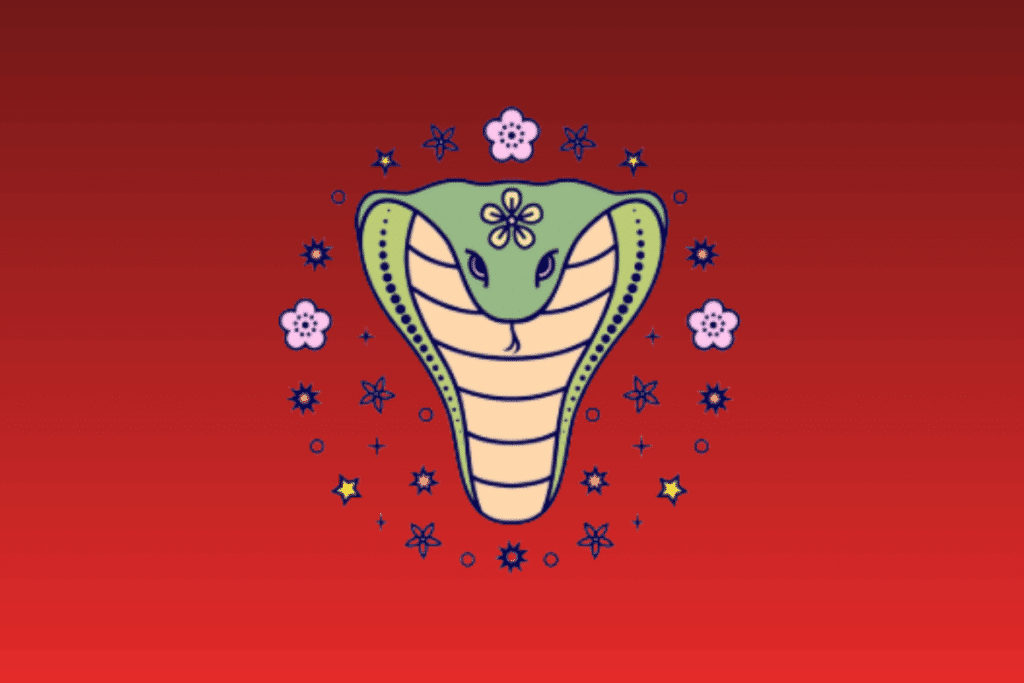 Ilustração estilizada de uma cobra naja verde com uma flor amarela na testa e listras na barriga, cercada por um círculo de flores roxas e estrelas amarelas e azuis, sobre um fundo vermelho gradiente.