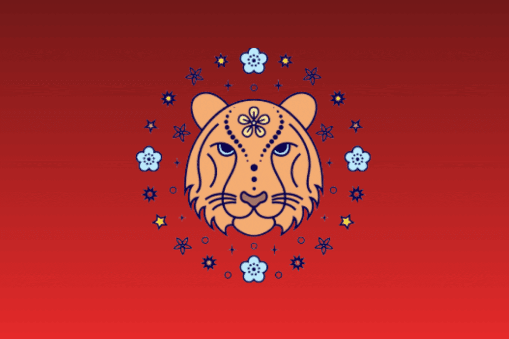 Ilustração estilizada da cabeça de um tigre laranja com listras e uma flor na testa, cercado por um círculo de flores azuis e estrelas amarelas e azuis, sobre um fundo vermelho gradiente.