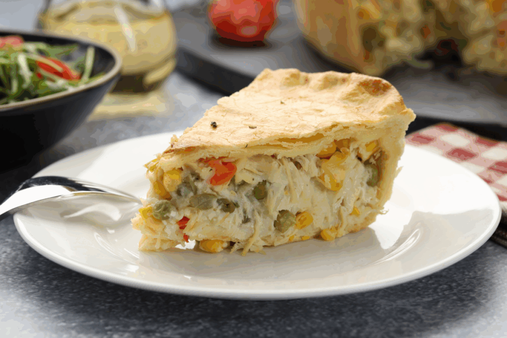 Um close-up focado em uma única fatia de torta de frango recheada com legumes cremosos, incluindo milho e ervilhas, servida em um prato branco sobre uma superfície de ardósia cinza. Ao fundo, desfocados, estão uma tigela de salada verde, azeitonas e o restante da torta redonda.