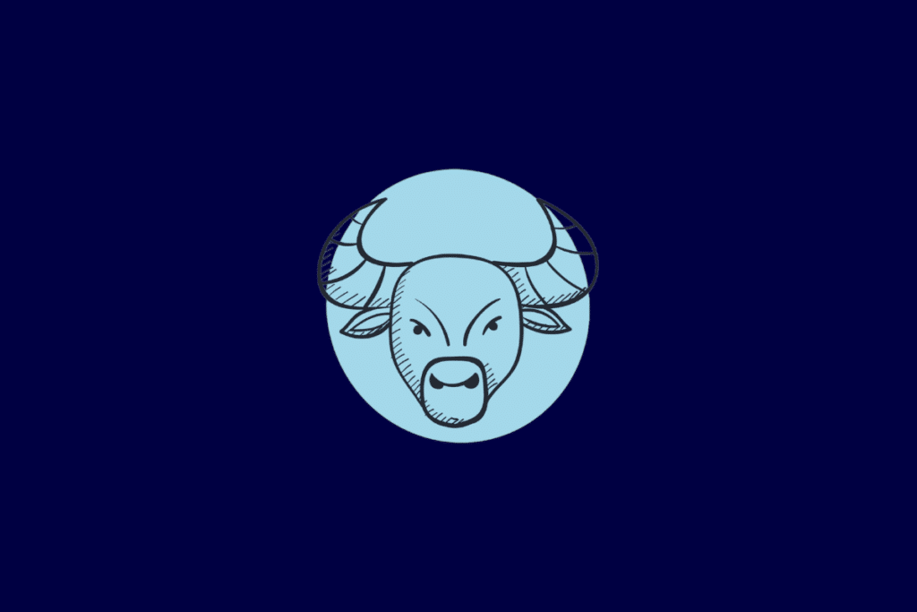 Ilustração no estilo linha preta da cabeça de um touro com chifres curvos e largos, centralizada em um círculo azul-claro sobre fundo azul-escuro.
