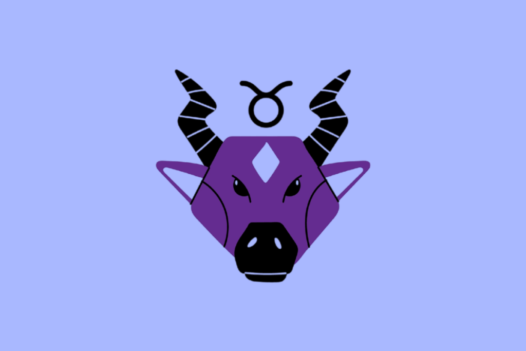 Ilustração em tons de roxo e preto da cabeça de um touro representando o signo de Touro, com o símbolo astrológico entre os chifres, sobre fundo lilás.