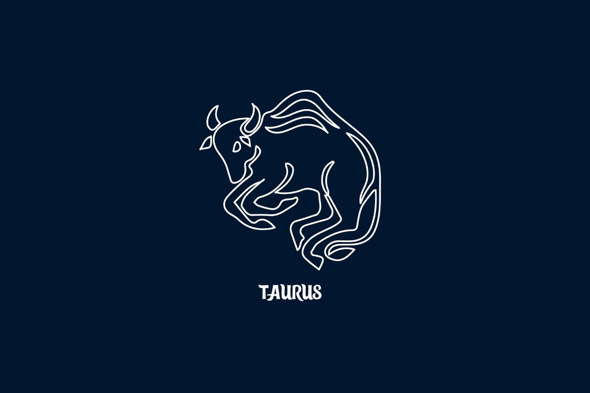 Uma ilustração branca de linha única do signo de Touro em um fundo azul escuro, com o texto "TAURUS" abaixo.