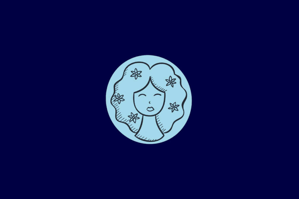 Ilustração no estilo linha preta do rosto de uma mulher com flores no cabelo, centralizada em um círculo azul-claro sobre fundo azul-escuro.