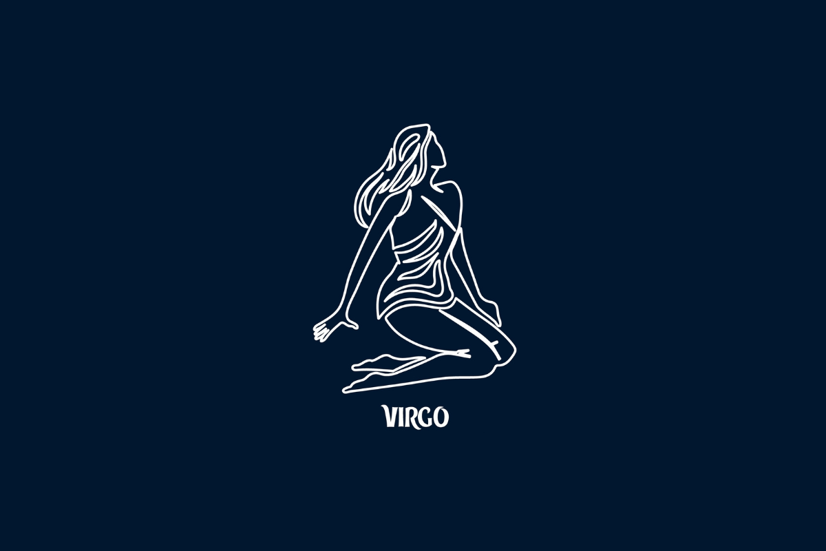 Uma ilustração branca de linha única do signo de Virgem em um fundo azul escuro, com o texto "VIRGO" abaixo.