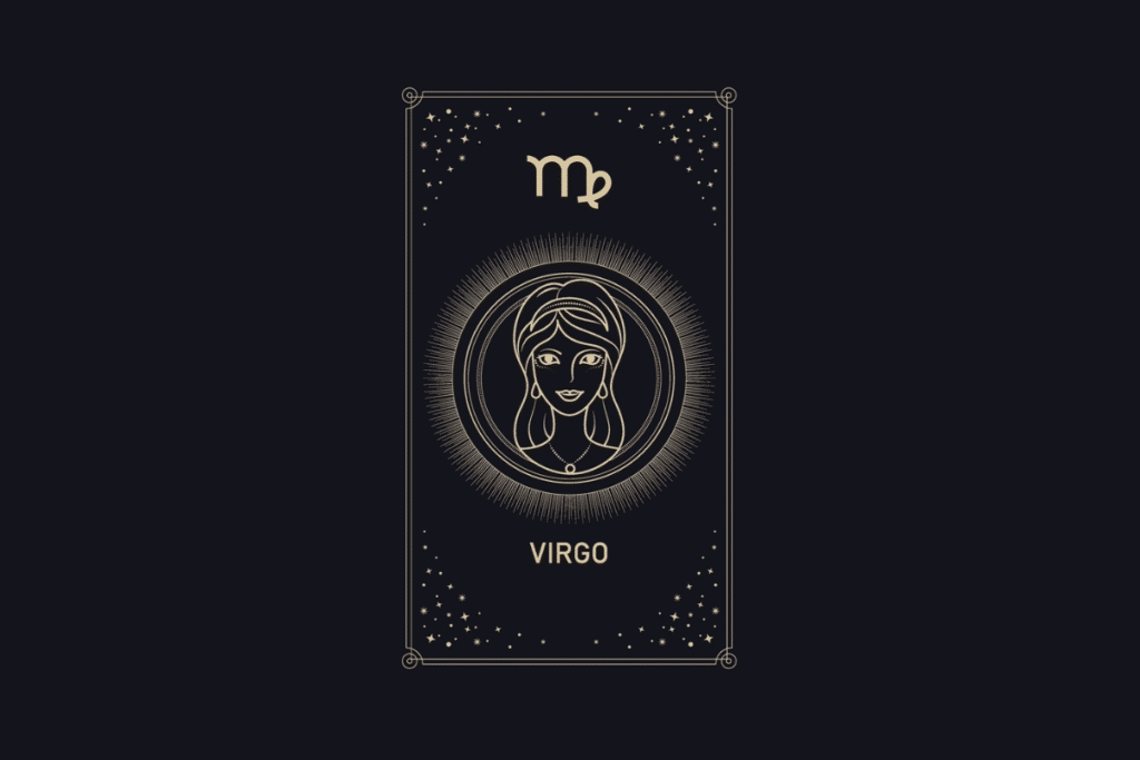 Ilustração em linhas douradas em fundo escuro com a palavra "Virgo". No centro, o rosto de uma mulher com tiara e colar dentro de um círculo iluminado, com o símbolo de Virgem no topo e estrelas ao redor.