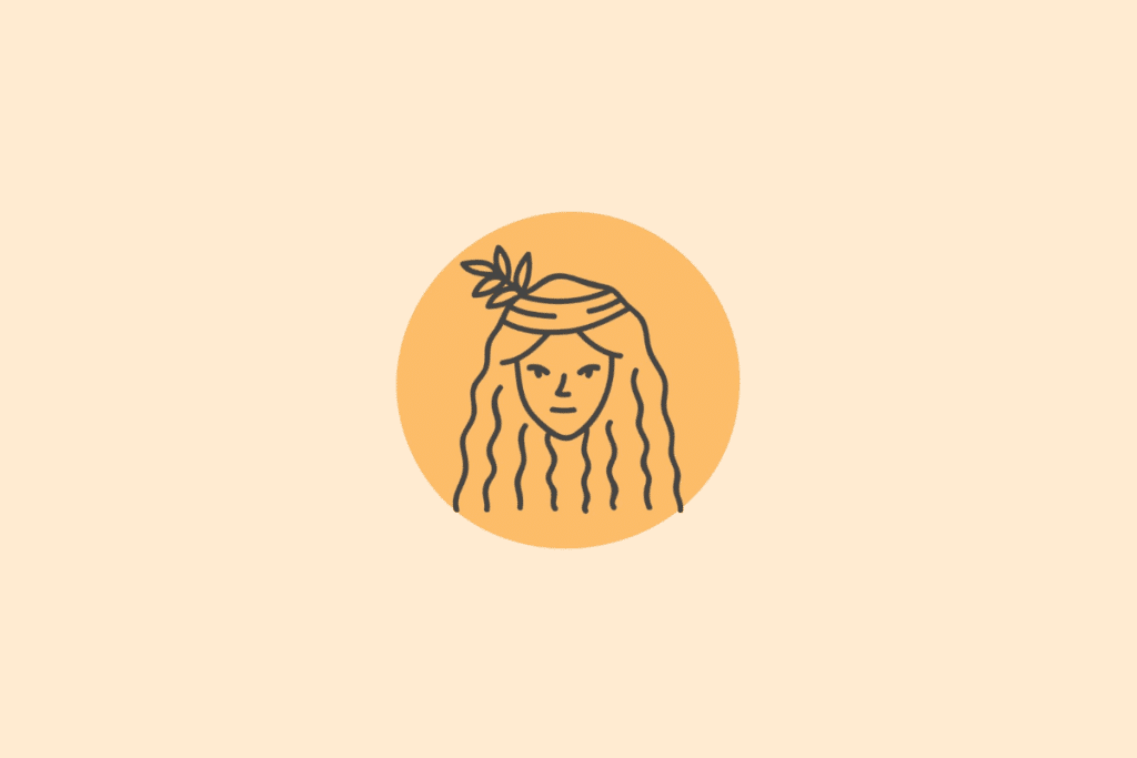 Ilustração minimalista em traços pretos sobre um círculo amarelo-alaranjado, mostrando o rosto de uma mulher de cabelos ondulados e uma folha na cabeça, representando o signo de Virgem.
