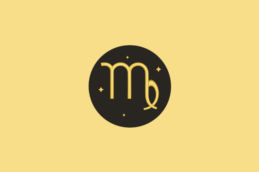 Símbolo do signo de Virgem em um círculo preto sobre fundo amarelo.