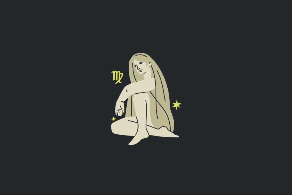 Ilustração minimalista em tom bege sobre fundo cinza-escuro representando o signo de Virgem, com uma figura humana de cabelos longos sentada de lado, o símbolo semelhante a um "M" com laço em amarelo e pequenas estrelas.