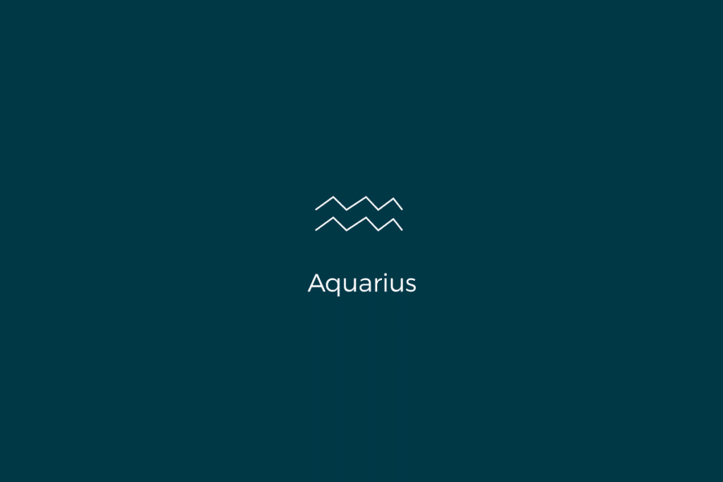 Ilustração do signo de aquário, com o nome do signo abaixo, centralizado em um fundo verde-escuro