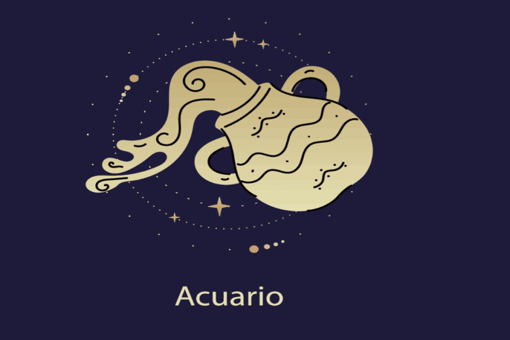Ilustração amarela do símbolo e do nome do signo de aquário sobre fundo azul-escuro