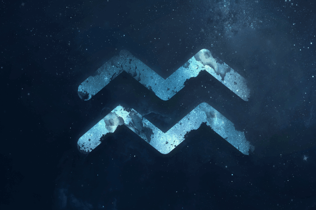 A imagem mostra o símbolo do signo de aquário em destaque sobre um fundo que representa o espaço, repleto de estrelas e nebulosas. O ícone aparece em tons de azul, com textura que se mistura ao cenário cósmico.