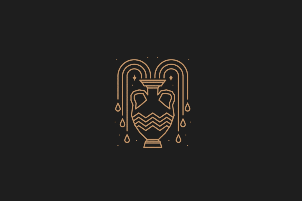 Ilustração do signo de aquário em dourado, com estrelas ao redor, centralizada sobre fundo preto