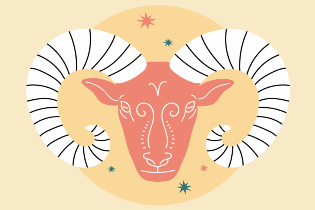 A imagem representa o signo de Áries por meio da cabeça de um carneiro vista de frente. O rosto do animal aparece em coral, com formato alongado e traços brancos que desenham os olhos, o focinho e pequenos elementos decorativos. Na testa está o símbolo astrológico de Áries.