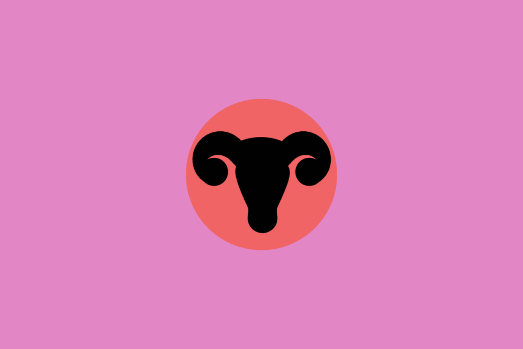 Ilustração do signo de áries dentro de um círculo vermelho e centralizado em fundo rosa