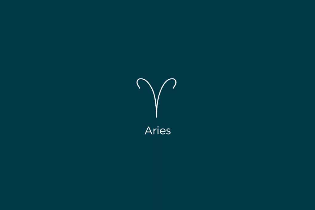 Ilustração do signo de Áries, com o nome do signo abaixo, centralizado em um fundo verde-escuro