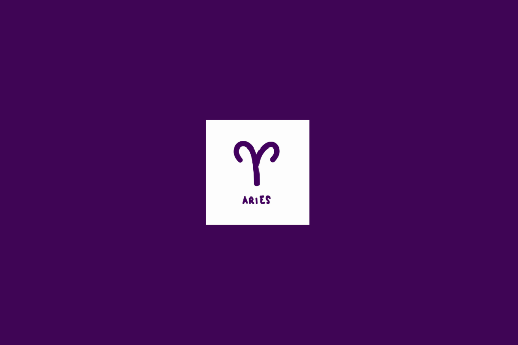 Ilustração do signo de áries dentro de um quadrado branco e centralizado em fundo roxo-escuro