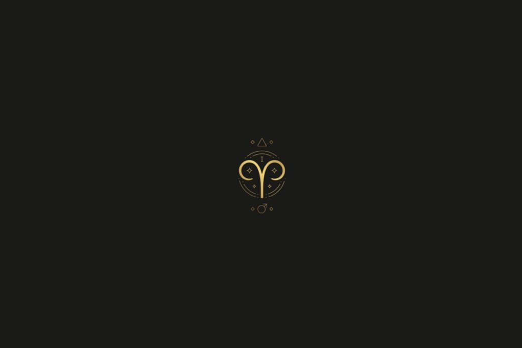 Ilustração do signo de áries na cor dourada, com estrelas, quadrados e triângulos ao redor, em um fundo preto