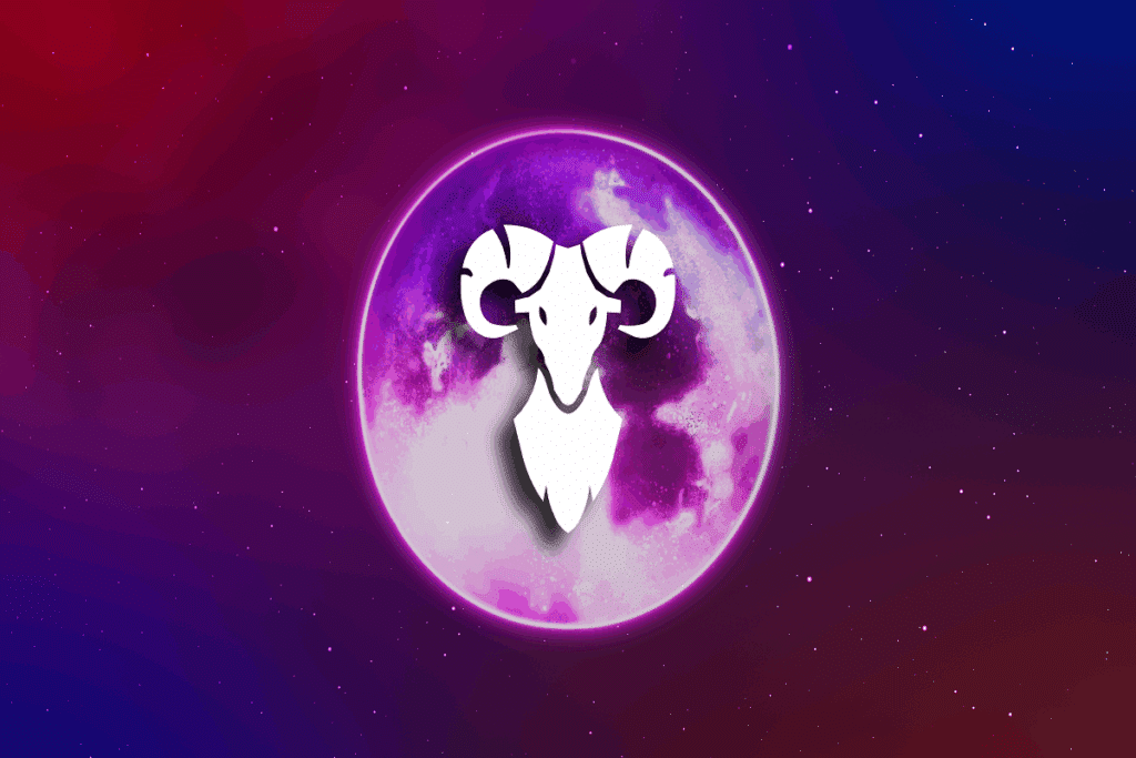 A imagem apresenta uma representação do signo de áries, com a silhueta branca da cabeça de um carneiro posicionada no centro de uma lua em tons de roxo e rosa.