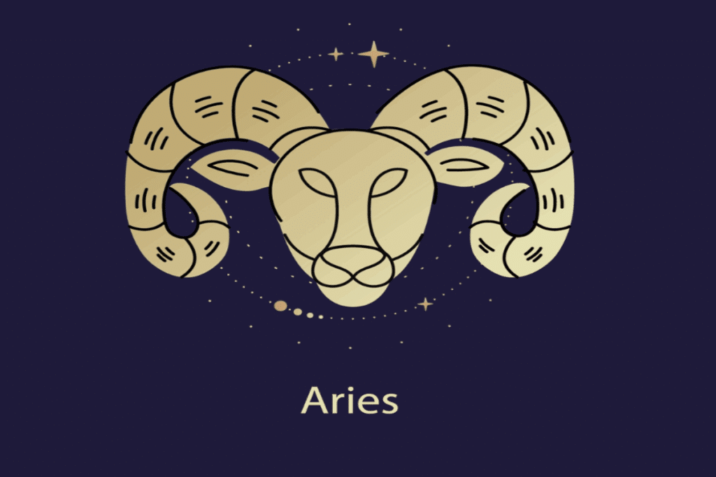 Ilustração amarela do símbolo e do nome do signo de áries sobre fundo azul-escuro