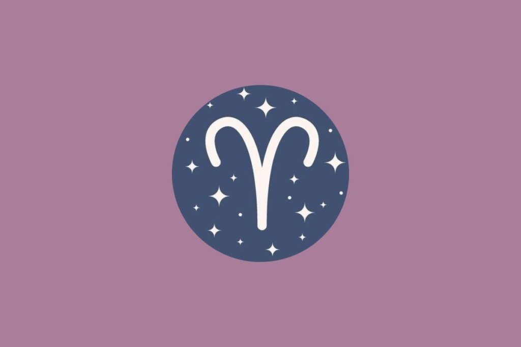 Ilustração de círculo azul com estrelas e símbolo do signo de áries sobre fundo roxo