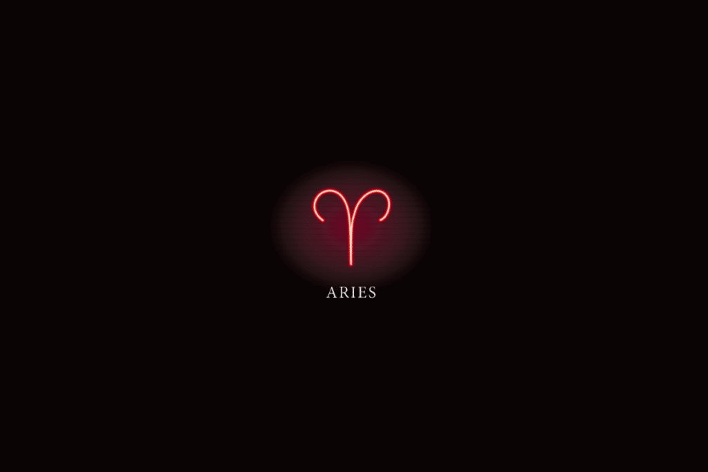 Ilustração do símbolo do signo de Áries em vermelho, com o nome do signo abaixo, sobre fundo preto
