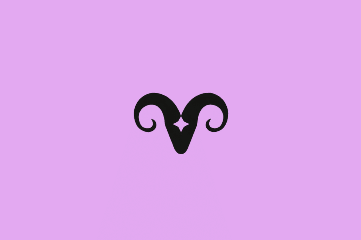 Símbolo do signo de Áries em preto com uma estrela em fundo roxo