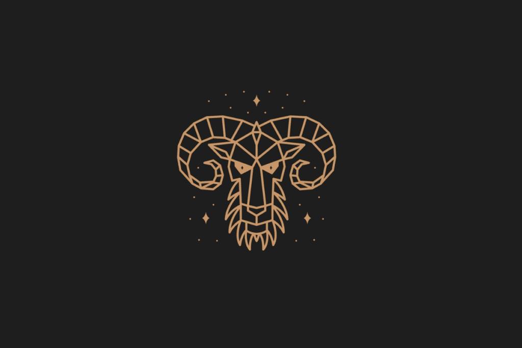 Ilustração do signo de áries em dourado, com estrelas ao redor, centralizada sobre fundo preto