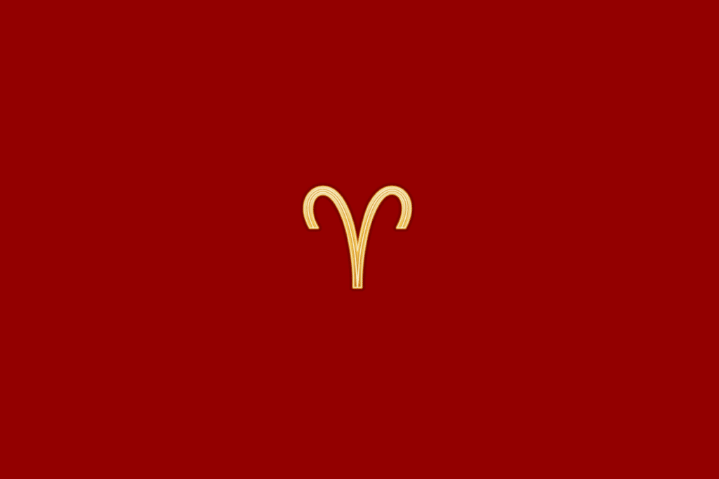 Ilustração do signo de áries em dourado, centralizado em fundo vermelho