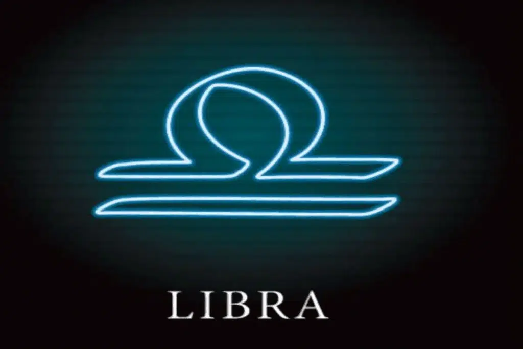 Ilustração do símbolo de libra em azul néon sobre o nome do signo em inglês 